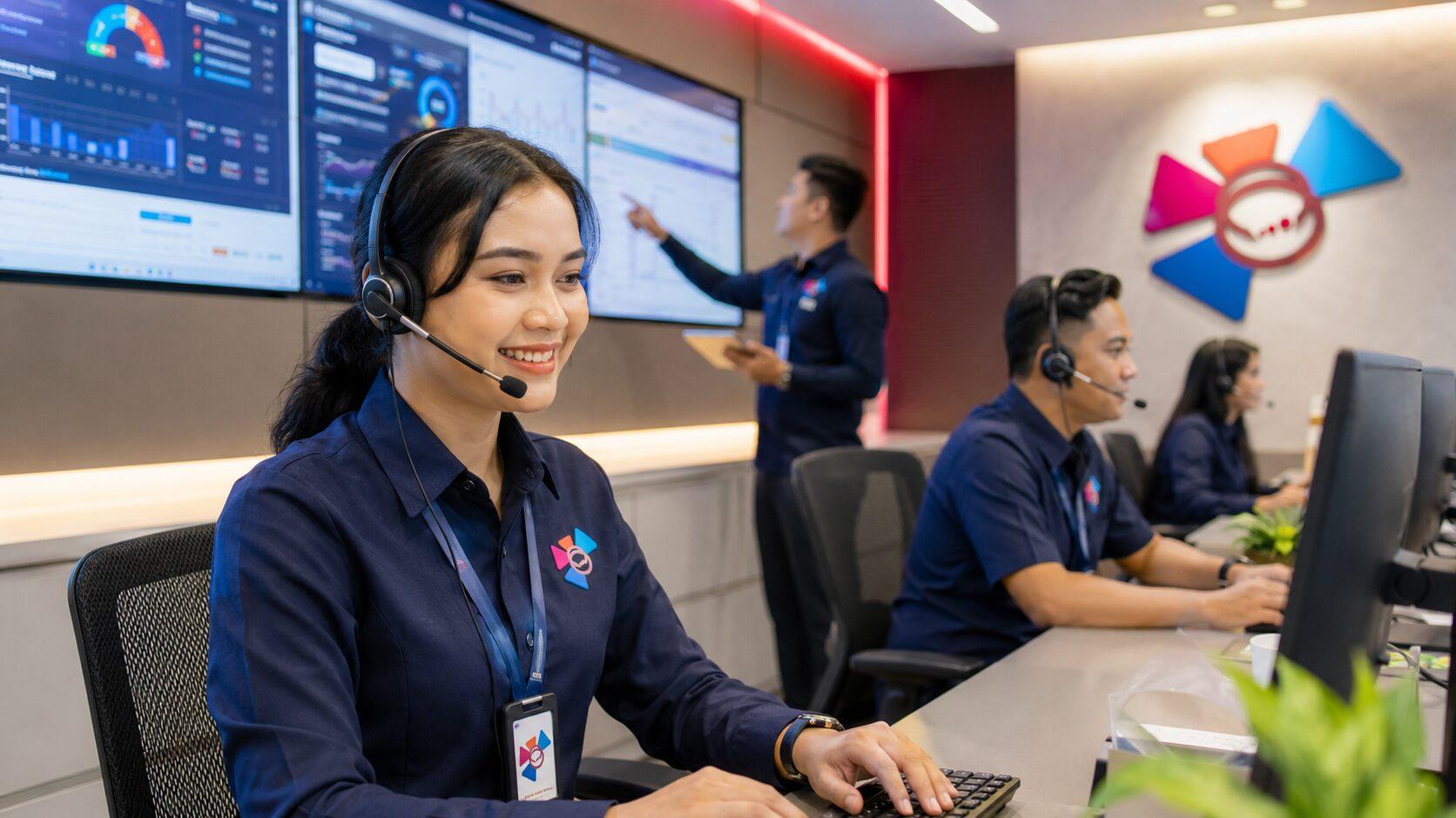 Agen SKB melayani pelanggan di ruang operasional dengan dashboard real-time.